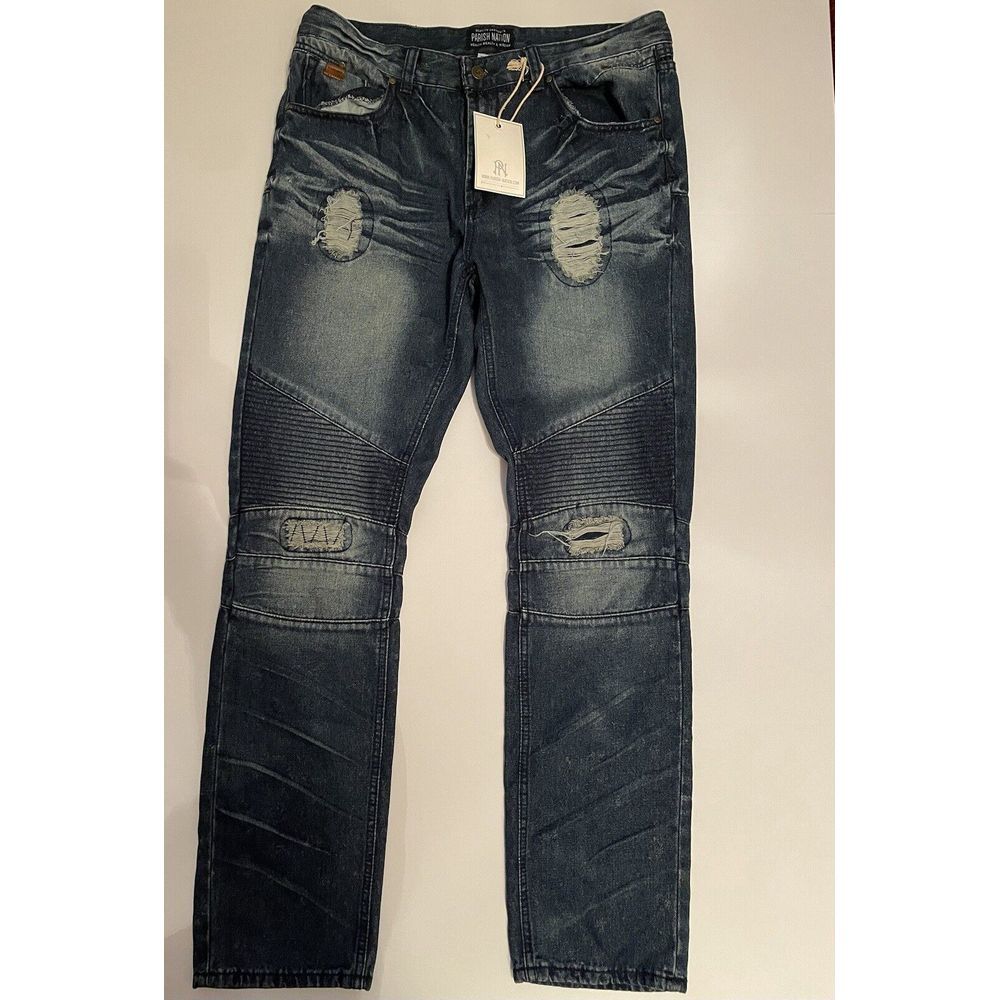 Parish Nation Distressed‎ Moto Jeans Ripped Knee Patches Denim Size 36 NEW